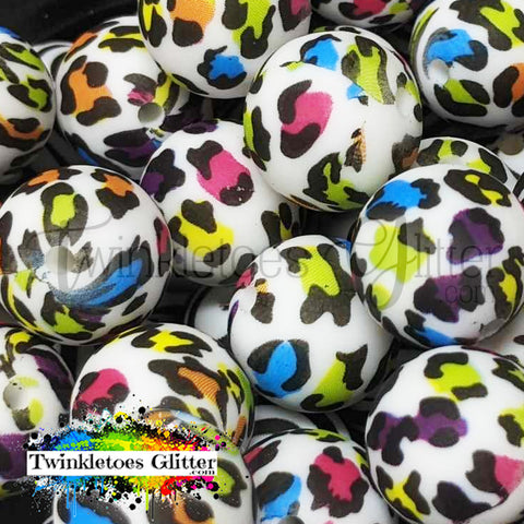 15mm Printed Silicone Beads ~ Colorful Animal Print