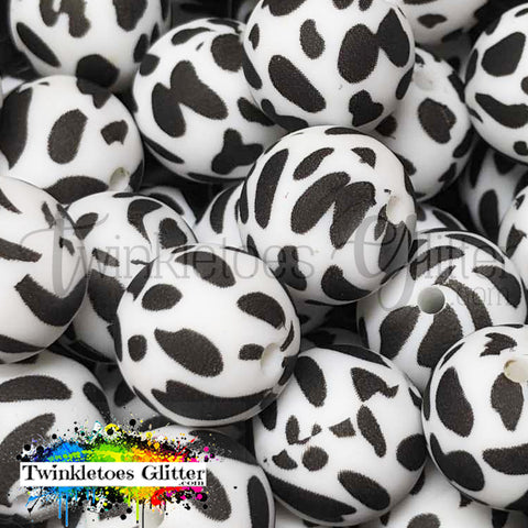 15mm Printed Silicone Beads ~ Black Cow Print
