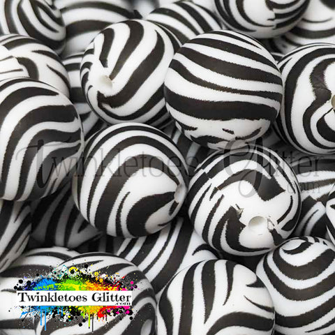 15mm Printed Silicone Beads ~ Black Zebra Print