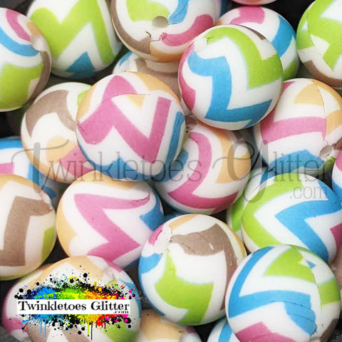 15mm Printed Silicone Beads ~ Colorful Chevron Print