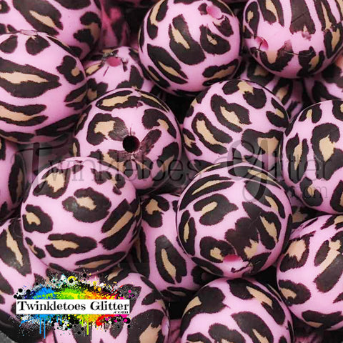 15mm Printed Silicone Beads ~ Black/Brown Cheetah on Pink