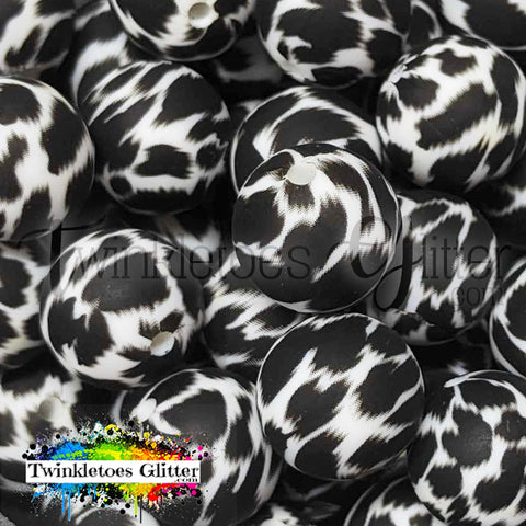 15mm Printed Silicone Beads ~ NEW Black Cow Print