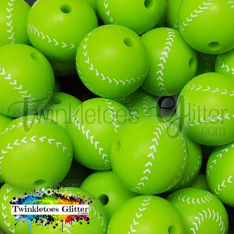 15mm Printed Silicone Beads ~ Green Softball Print