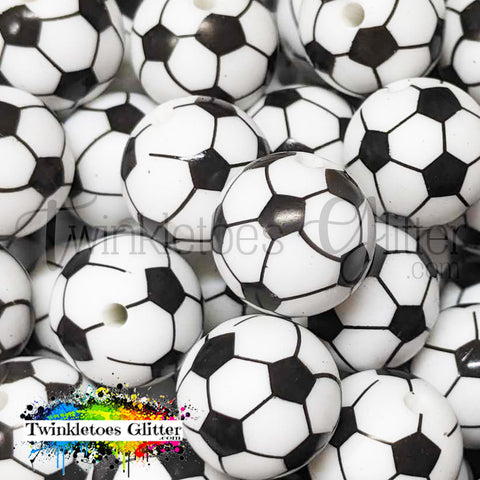 15mm Printed Silicone Beads ~ Soccer Print