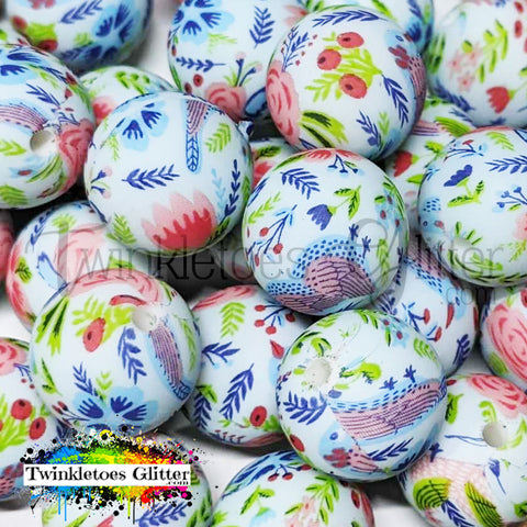 15mm Printed Silicone Beads ~ Flowers on Blue Print