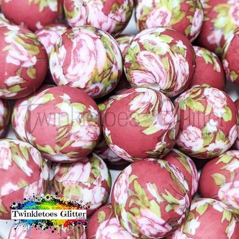 15mm Printed Silicone Beads ~ Pink Flowers on Maroon Print