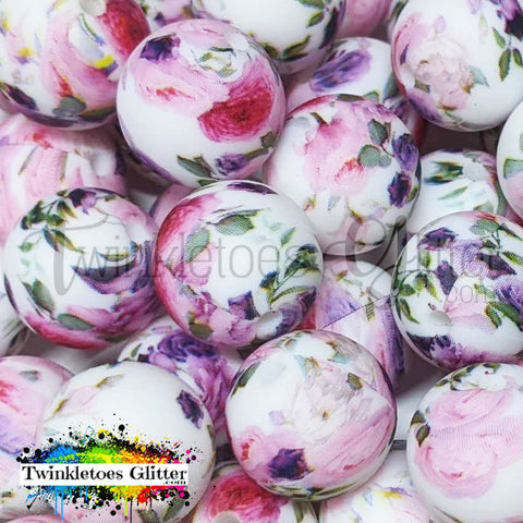 15mm Printed Silicone Beads ~ Pink & Purple Flowers Print