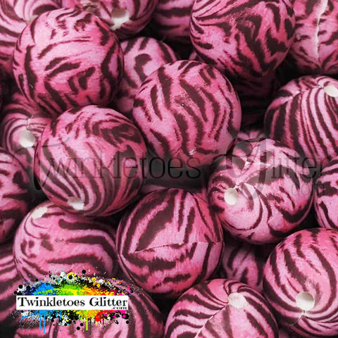 15mm Printed Silicone Beads ~ Zebra on Hot Pink Print