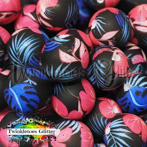 15mm Printed Silicone Beads ~ Pink & Blue Floral on Black Print