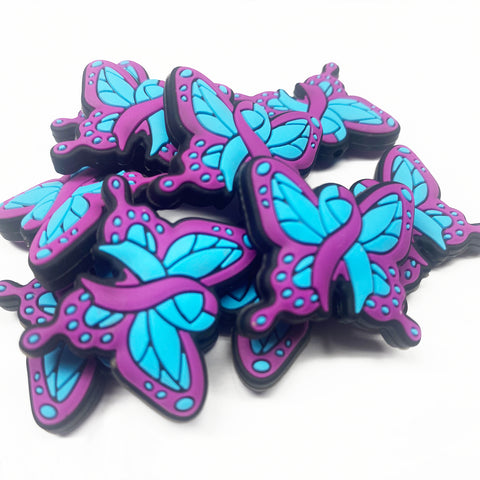 Purple and Teal (Domestic Violence) Ribbon Butterfly Silicone Focal Bead