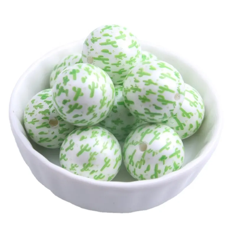 Bubblegum 20mm Printed Bead ~ Green Cactus on White Matte Pearl