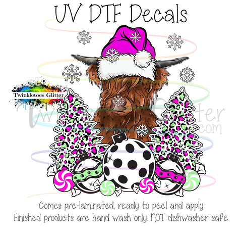Highland Cow w/Cheetah Trees ~ Pink & Mint ~ UV Decal