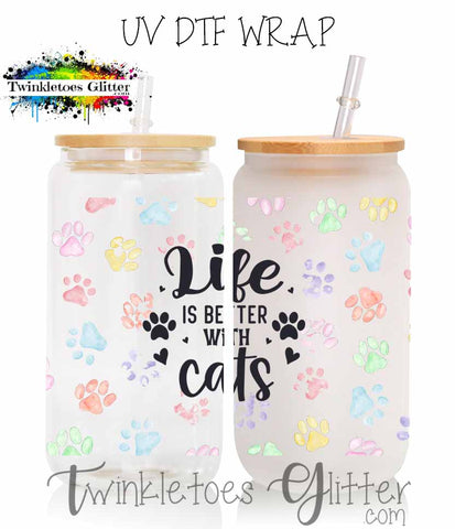 Life is Better With Cats and Colorful Pawprints UV Can Wrap