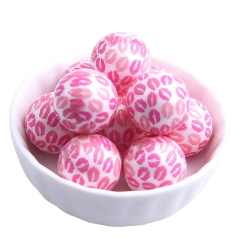 Bubblegum 20mm Printed Bead ~ Shades of Pink Lips on White Matte Pearl