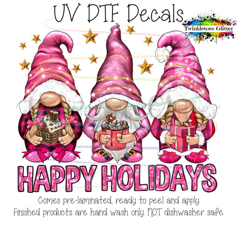 Pink Happy Holiday Gnomes ~ UV Decal