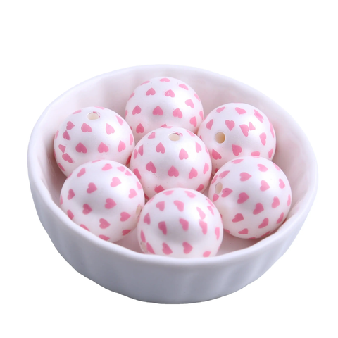 Bubblegum 20mm Printed Bead ~ Pink Hearts on White Matte Pearl