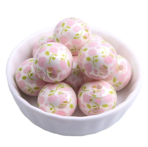 Bubblegum 20mm Printed Bead ~ Light Pink Roses on White Matte Pearl