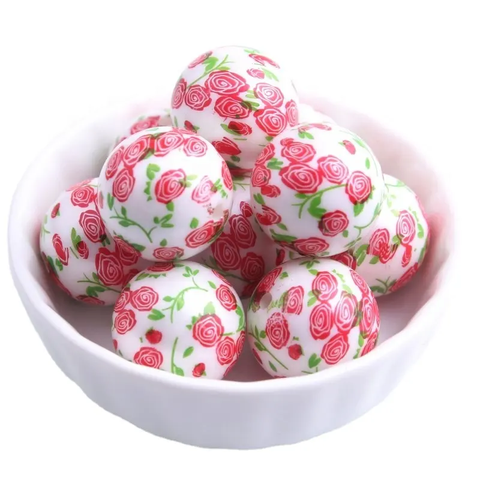 Bubblegum 20mm Printed Bead ~ Red Roses on White Matte Pearl