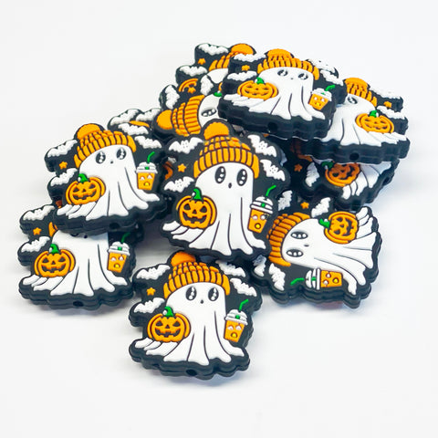 Ghost w/Knitted Cap, Coffee Cup and Pumpkin Silicone Focal Bead