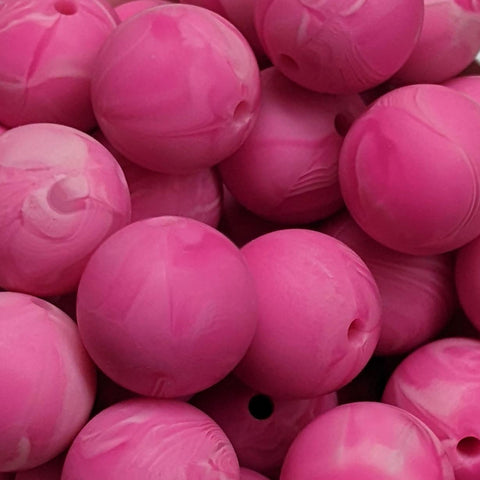 15mm Round Silicone Beads ~ Marble Hot Pink