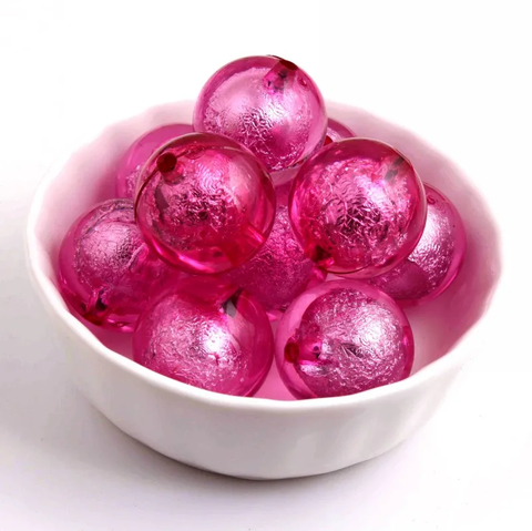 20mm Acrylic Bubblegum Beads ~ HOT PINK Silver Foil Rounds