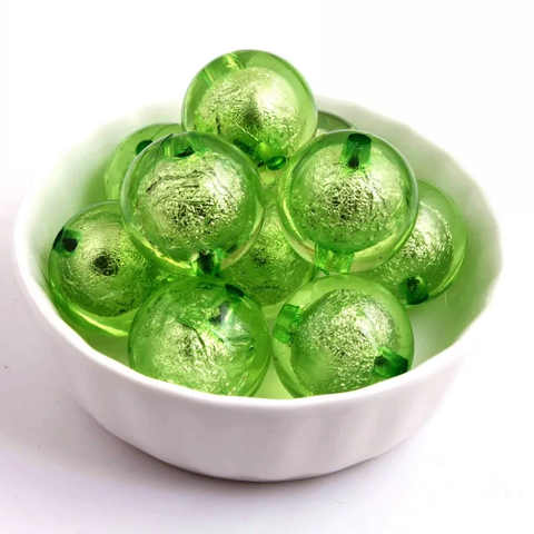 20mm Acrylic Bubblegum Beads ~ GREEN Silver Foil Rounds