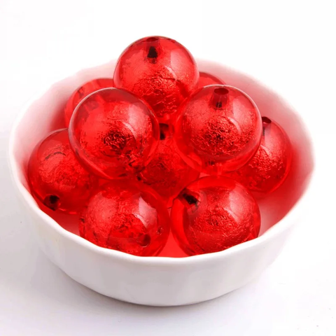 20mm Acrylic Bubblegum Beads ~ RED Silver Foil Rounds