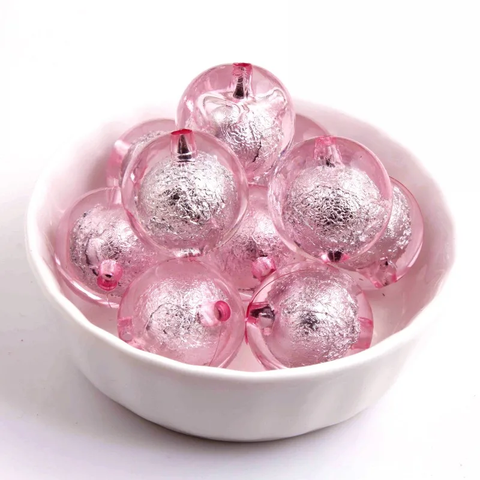 20mm Acrylic Bubblegum Beads ~ PINK Silver Foil Rounds