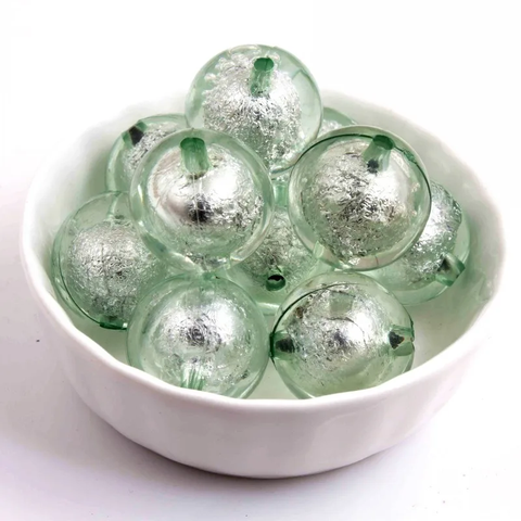 20mm Acrylic Bubblegum Beads ~ SPEARMINT Silver Foil Rounds