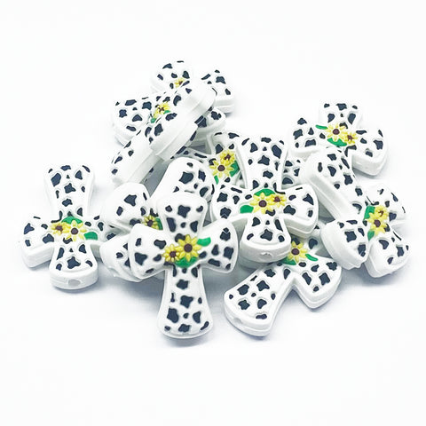 Animal Print Cross w/Sunflowers Silicone Focal Bead  ~ 3 Colors