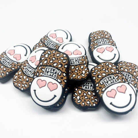 Self Love Smile'y w/Heart Eyes and Animal Print Beanie Silicone Focal Bead ~ 3 Colors