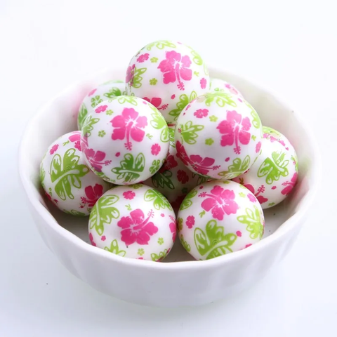 Bubblegum 20mm Printed Bead ~ Pink Hibiscus w/Large Leaves on White Matte Pearl