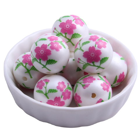 Bubblegum 20mm Printed Bead ~ Pink Flower on White Matte Pearl