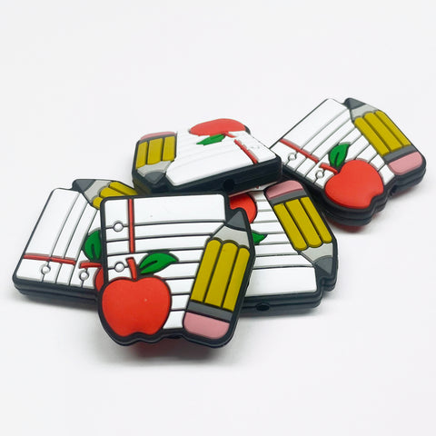 Notebook Paper, Pencil and Apple Silicone Focal Bead