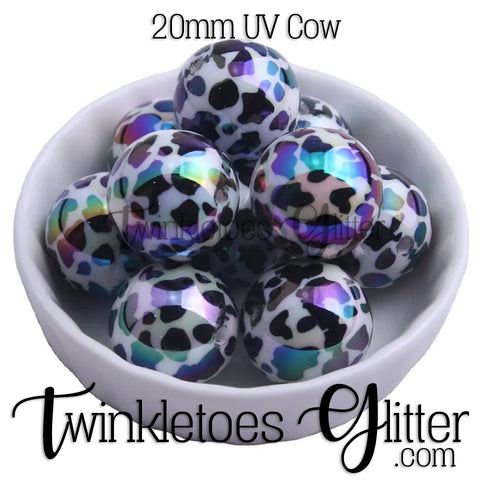 Bubblegum 20mm Bead Mix ~ UV Black Cow Print