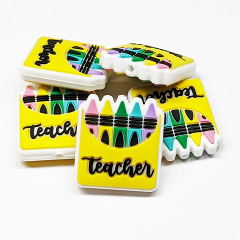 Yellow Crayon Box w/Teacher Silicone Focal Bead